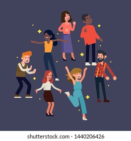 Magic night concept vector illustration with people having great time on dance floor dancing like nobody is watching. Funny flat design characters in dancing poses