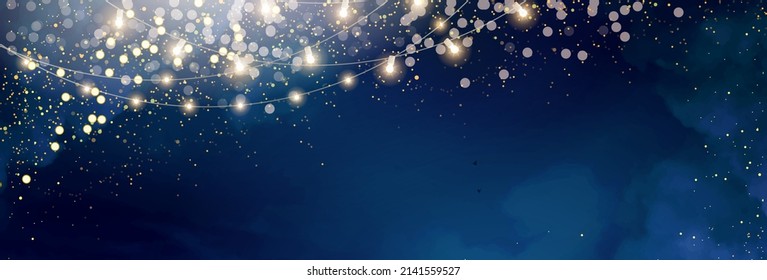Magic night dark blue banner with sparkling glitter bokeh and line art. Horizontal line vector wedding backdrop. Gold confetti and navy background. Golden scattered dust.Fairytale magic star template
