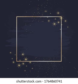 Magic night dark blue card with sparkling glitter and line art. Square shaped vector wedding invitation. Gold glitter powder splash geometric background. Golden scattered dust. Fairytale magic card