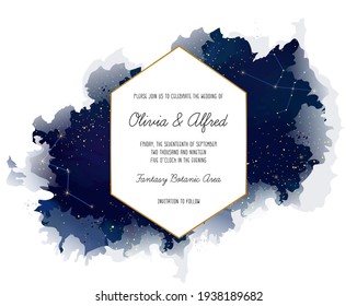 Magic Night Dark Blue Card With Sparkling Glitter Stars And Line Art. Diamond Shaped Vector Wedding Invitation. Gold Confetti And Navy Background. Golden Scattered Dust. Fairytale Magic Star Template