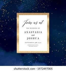 Magic night dark blue card with sparkling glitter and gold art. Square vector wedding invitation. Golden confetti and navy background. Celestial scattered dust. Fairytale magic template. Milky way.