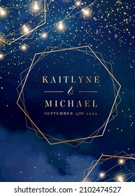 Magic night dark blue card with sparkling glitter bokeh and line art. Geometric vector wedding invitation. Gold confetti and navy background. Golden scattered dust. Fairytale magic star template