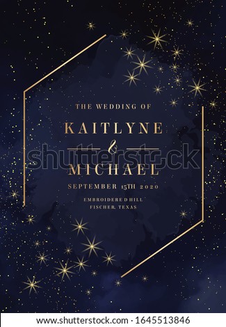 Magic night dark blue card with sparkling glitter and line art crystal. Diamond shaped vector wedding invitation. Gold glitter powder splash background. Golden scattered dust. Fairytale magic card
