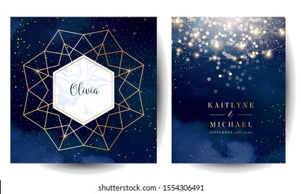 Magic night dark blue cards with sparkling glitter bokeh and line art. Diamond shaped vector wedding invitation. Gold confetti and navy background. Golden scattered dust.Fairytale magic star templates