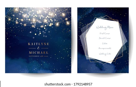 Magic night dark blue cards with sparkling glitter bokeh and line art. Diamond shaped vector wedding invitation. Gold confetti and navy background. Golden scattered dust.Fairytale magic star templates