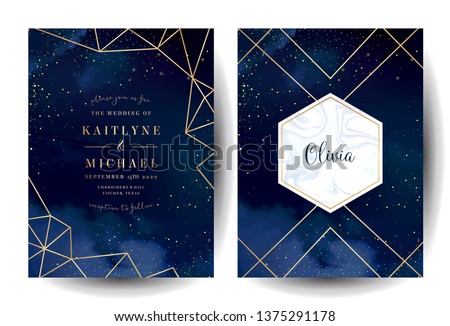 Magic night dark blue cards with sparkling glitter and line art. Diamond shaped vector wedding invitation. Gold confetti and marble navy background. Golden scattered dust. Fairytale magic templates.