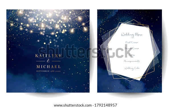 Magic night dark blue cards with sparkling\
glitter bokeh and line art. Diamond shaped vector wedding\
invitation. Gold confetti and navy background. Golden scattered\
dust.Fairytale magic star\
templates