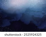 Magic night dark blue frame with sparkling glitter bokeh and light art. Square vector wedding card. Snow confetti and navy background.White scattered celestial dust. Fairytale magic star template