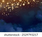 Magic night dark blue frame with sparkling glitter bokeh and light art. Square vector wedding card. Gold confetti and navy background. Golden scattered Christmas dust. Fairytale magic star template