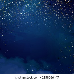 Magic night dark blue frame with sparkling glitter bokeh and light art. Square vector wedding card. Gold confetti and navy background. Golden scattered Christmas dust. Fairytale magic star template
