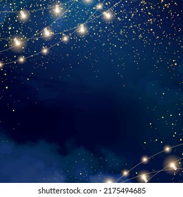 Magic night dark blue frame with sparkling glitter bokeh and light art. Square vector wedding card. Gold confetti and navy background. Golden scattered Christmas dust. Fairytale magic star template