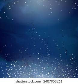 Magic night dark blue frame with sparkling glitter bokeh and light art. Square vector wedding card. Gold confetti and navy background. Golden scattered Fairytale magic star template