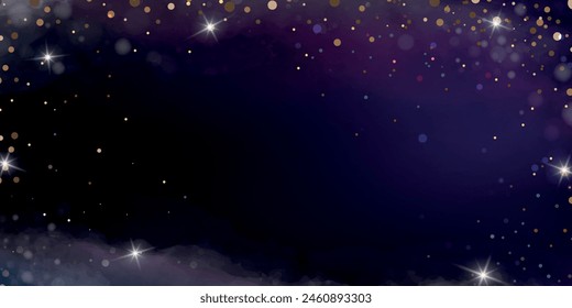 Noche mágica marco azul oscuro. Diseño de luces bokeh brillantes con fondo degradado de púrpura a negro, tema cósmico, tarjeta de boda, confeti, fondo azul marino. Navidades, polvo. Ilustración vectorial