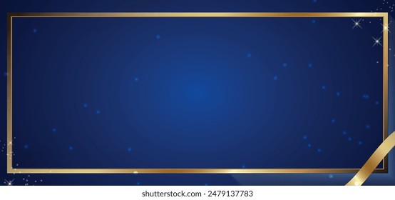 Magic night dark blue frame with sparkling glitter bokeh and light art. Square vector wedding card. Gold confetti and navy background. Golden scattered Christmas dust. Fairytale magic star template