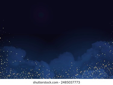 Magic night dark blue frame with sparkling glitter bokeh and light art. Square vector wedding card. Gold confetti and navy background. Golden scattered celestial dust. Fairytale magic star template