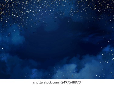 Magic night dark blue frame with sparkling glitter bokeh and light art. Square vector wedding card. Gold confetti and navy background. Golden scattered celestial dust. Fairytale magic star template