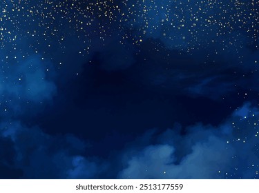 Magic night dark blue frame with sparkling glitter bokeh and light art. Square vector wedding card. Gold confetti and navy background. Golden scattered celestial dust. Fairytale magic star template