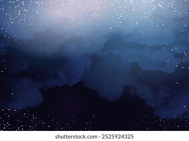 Quadrado azul escuro noite mágica com brilho cintilante bokeh e arte clara. Cartão de casamento vetor quadrado. Confete de neve e fundo marinho. Branco espalhou poeira celeste. Modelo de estrela mágica de conto de fadas