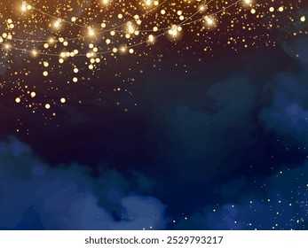 Magic night dark blue frame with sparkling glitter bokeh and light art. Square vector wedding card. Gold confetti and navy background. Golden scattered Christmas dust. Fairytale magic star template