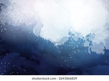 Magic night dark blue frame with sparkling glitter bokeh and light art. Square vector wedding card. Snow confetti and navy background.White scattered celestial dust. Fairytale magic star template