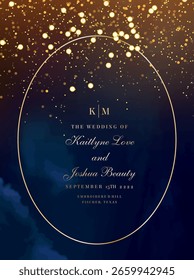 Magic night dark blue frame with sparkling glitter bokeh and light art. Square vector wedding card. Gold confetti and navy background. Golden scattered Christmas dust. Fairytale magic star template