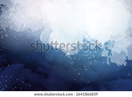 Magic night dark blue frame with sparkling glitter bokeh and light art. Square vector wedding card. Snow confetti and navy background.White scattered celestial dust. Fairytale magic star template