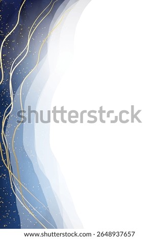 Magic night dark blue frame with sparkling golden geode and marble edge. Layered vector wedding card. Gold confetti and navy background. White scattered celestial dust. Fairytale magic star template