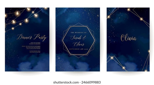 Magic night dark blue frames with sparkling glitter bokeh and light art. Square vector wedding cards. Gold confetti and navy backgrounds. Golden scattered Christmas dust. Fairytale magic star template