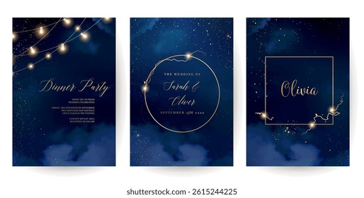 Magic night dark blue frames with sparkling glitter bokeh and light art. Square vector wedding cards. Gold confetti and navy backgrounds. Golden scattered Christmas dust. Fairytale magic star template