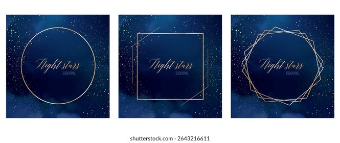 Magic night dark blue frames with sparkling glitter bokeh and light art. Square vector wedding cards. Gold confetti and navy backgrounds. Golden scattered Christmas dust. Fairytale magic star template