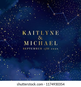 Magic night dark blue sky with sparkling stars vector wedding card. Andromeda galaxy. Gold glitter powder splash background. Golden scattered dust. Midnight milky way. Fairytale magic square template