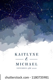 Magic night dark blue sky with sparkling stars vector wedding invitation. Andromeda galaxy. Gold glitter powder splash background. Golden scattered dust. Midnight milky way. Watercolor painting card.