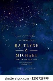 Magic Night Dark Blue Sky With Sparkling Stars Vector Wedding Invitation. Andromeda Galaxy. Gold Glitter Powder Splash Background. Golden Scattered Dust. Midnight Milky Way. Fairytale Magic Card.