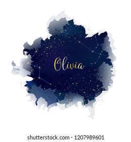 Magic night dark blue sky with sparkling stars vector wedding name card. Andromeda galaxy. Gold glitter background. Golden scattered dust. Midnight milky way. Watercolor splash style.