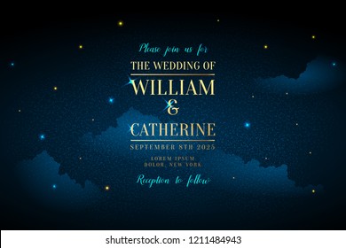 Magic night dark blue sky with sparkling stars vector wedding invitation. Andromeda galaxy. Gold glitter powder splash background. Golden scattered dust. Midnight milky way. Fairytale magic card.