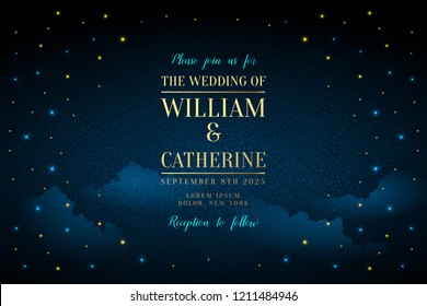 Magic night dark blue sky with sparkling stars vector wedding invitation. Andromeda galaxy. Gold glitter powder splash background. Golden scattered dust. Midnight milky way. Fairytale magic card.