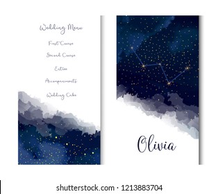 Magic night dark blue sky with sparkling stars vector vertical banner. Cassiopeia galaxy. Gold glitter powder splash background. Golden scattered dust. Midnight milky way. Watercolor painting cards