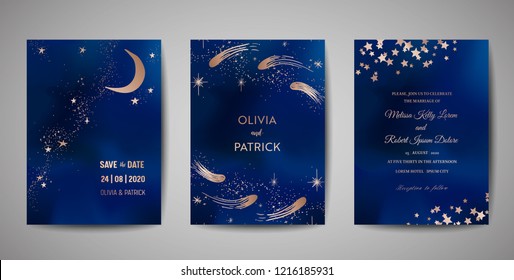 Magic night dark blue sky with sparkling stars vector wedding invitation. Set of Save the Date Cards with gold glitter powder splash background, hand drawn golden dust, midnight milky way, fairytale