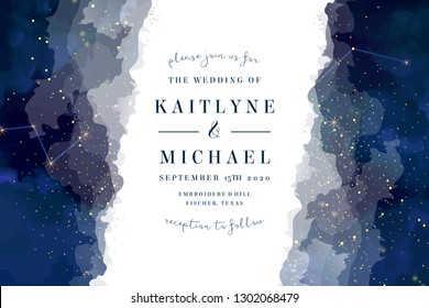 Magic Night Dark Blue Sky With Sparkling Stars Vector Wedding Invite Card. Andromeda Galaxy.Gold Glitter Splash Horizontal Background. Golden Scattered Dust. Midnight Milky Way. Watercolor Painting