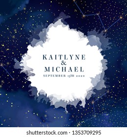 Magic Night Dark Blue Sky With Sparkling Stars Vector Wedding Invite Card. Andromeda Galaxy.Gold Glitter Splash Round Background. Golden Scattered Dust. Midnight Milky Way. Watercolor Painting