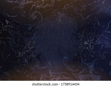 Magic Night Dark Blue Sky With Sparkling Stars. Gold Glitter Powder Splash Vector Background. Golden Scattered Dust. Midnight Milky Way. Navy Classic Blue Color. Christmas Winter Texture With Clouds.