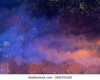 Magic night dark blue sky with sparkling stars.Golden scattered dust. Navy classic blue color.  Vector background.  