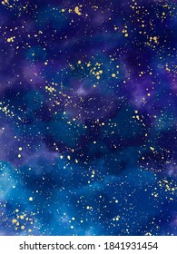 Magic night dark blue sky with sparkling stars.Golden scattered dust. Navy classic blue color.  Vector background.  