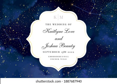 Magic night dark blue sky with sparkling stars vector wedding invite card. Andromeda galaxy.Gold glitter curve background. Golden scattered dust. Midnight milky way. Celestial watercolor painting