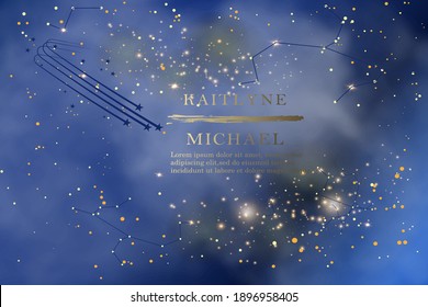 Magic Night Dark Blue Sky With Sparkling Stars Vector Wedding Invitation.