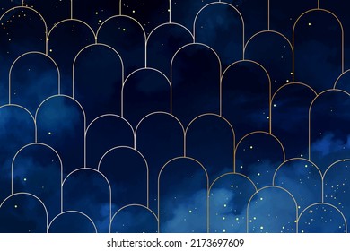 Magic night dark blue sky with sparkling stars. Gold glitter powder splash vector background. Golden scattered dust. Midnight milky way. Navy classic blue color. Christmas winter texture with clouds.
