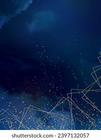 Magic night dark blue sky with sparkling stars. Gold glitter powder splash vector background. Golden scattered dust. Midnight milky way. Navy classic blue color. Christmas winter texture with clouds.