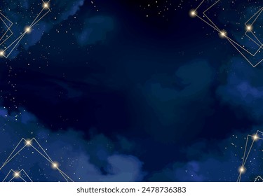 Magic night dark blue sky with sparkling stars. Gold glitter powder splash vector background. Golden scattered dust. Midnight milky way. Navy classic blue color. Christmas winter texture with clouds.