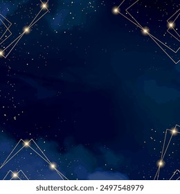 Magic night dark blue sky with sparkling stars. Gold glitter powder splash vector background. Golden scattered dust. Midnight milky way. Navy classic blue color. Christmas winter texture with clouds.