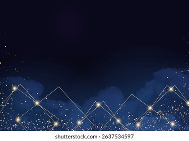 Magic night dark blue sky with sparkling stars. Gold glitter powder splash vector background. Golden scattered dust. Midnight milky way. Navy classic blue color. Christmas winter texture with clouds.